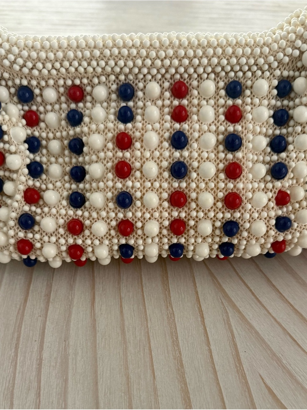 Vintage Lumured Beaded Kisslock Handbag Red White & Blue 1960’s